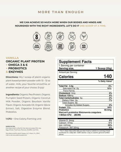 plenti Organic Plant-Based Protein Powder: Vanilla - 20g Pea Protein + Probiotics, Digestive Enzymes & Omega 3-6, Gut Friendly, Sugar Free, 27 Servings (2 lbs) - dailyvitalstore