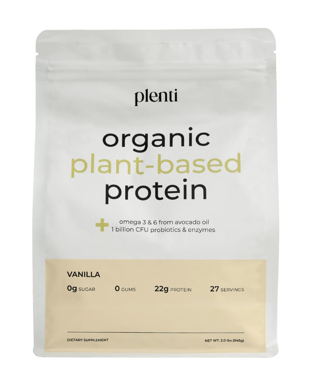 plenti Organic Plant-Based Protein Powder: Vanilla - 20g Pea Protein + Probiotics, Digestive Enzymes & Omega 3-6, Gut Friendly, Sugar Free, 27 Servings (2 lbs) - dailyvitalstore