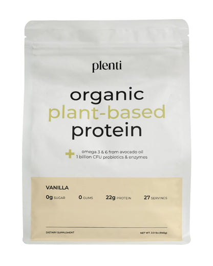 plenti Organic Plant-Based Protein Powder: Vanilla - 20g Pea Protein + Probiotics, Digestive Enzymes & Omega 3-6, Gut Friendly, Sugar Free, 27 Servings (2 lbs) - dailyvitalstore