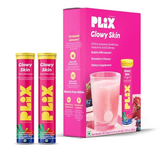 PLIX Glowy Skin 500mg Glutathione Supplement with Hyaluronic Acid, Vitamin C, E & Berries | 30 Effervescent Tablets, Strawberry Flavor - dailyvitalstore