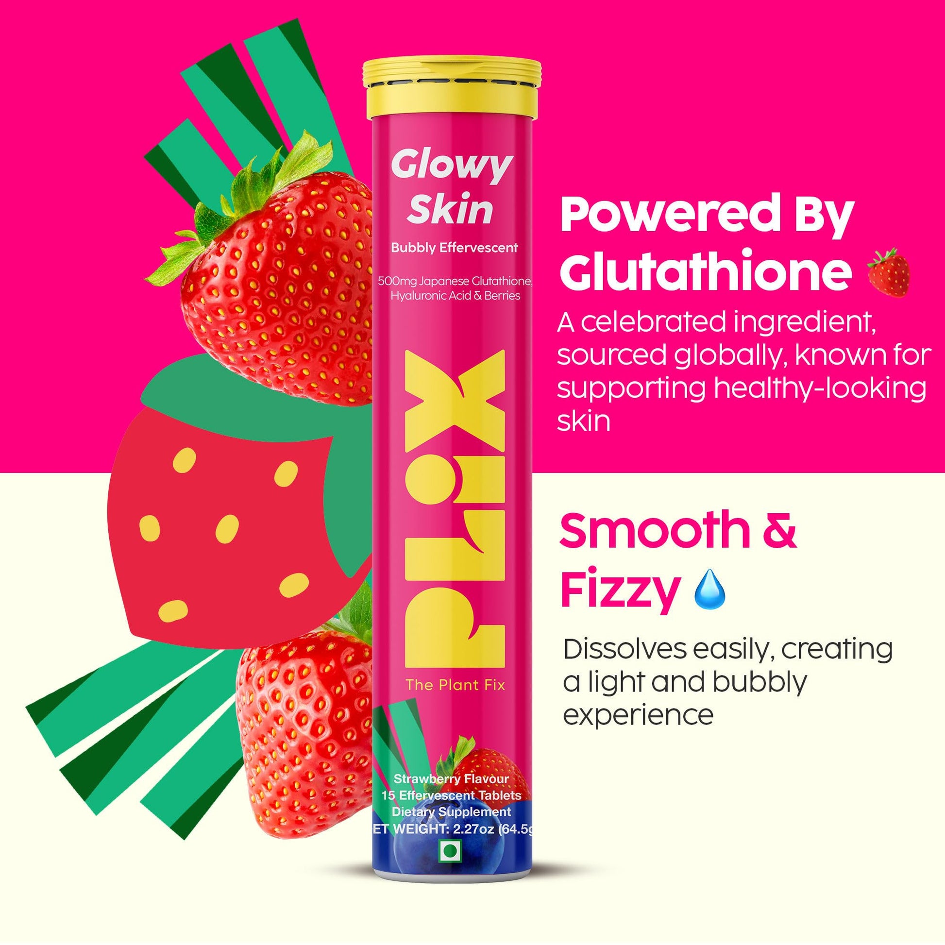 PLIX Glowy Skin 500mg Glutathione Supplement with Hyaluronic Acid, Vitamin C, E & Berries | 30 Effervescent Tablets, Strawberry Flavor - dailyvitalstore