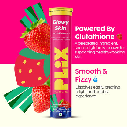 PLIX Glowy Skin 500mg Glutathione Supplement with Hyaluronic Acid, Vitamin C, E & Berries | 30 Effervescent Tablets, Strawberry Flavor - dailyvitalstore