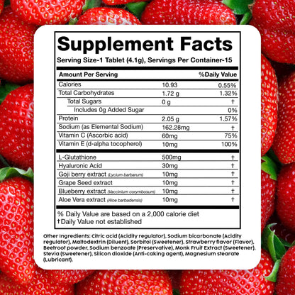 PLIX Glowy Skin 500mg Glutathione Supplement with Hyaluronic Acid, Vitamin C, E & Berries | 30 Effervescent Tablets, Strawberry Flavor - dailyvitalstore