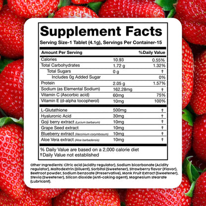 PLIX Glowy Skin 500mg Glutathione Supplement with Hyaluronic Acid, Vitamin C, E & Berries | 30 Effervescent Tablets, Strawberry Flavor - dailyvitalstore