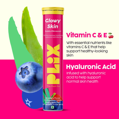 PLIX Glowy Skin 500mg Glutathione Supplement with Hyaluronic Acid, Vitamin C, E & Berries | 30 Effervescent Tablets, Strawberry Flavor - dailyvitalstore