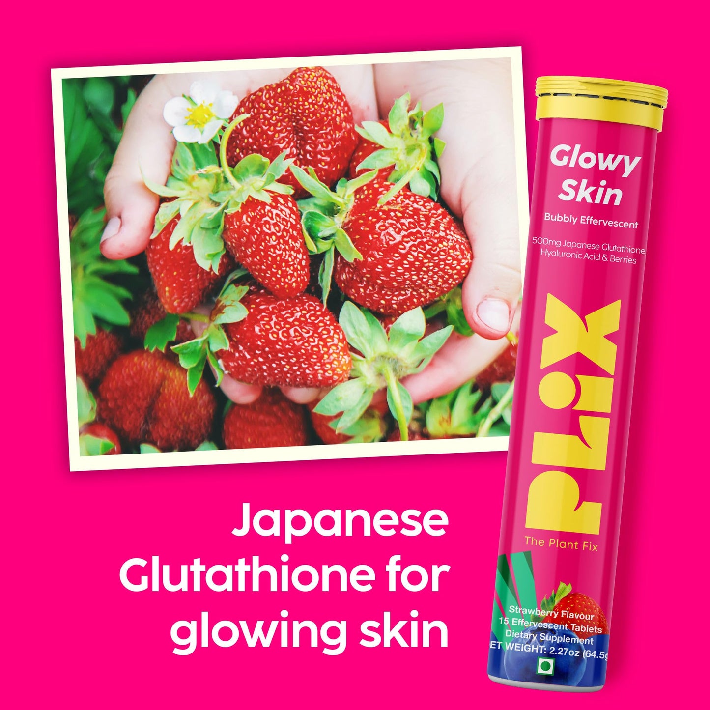 PLIX Glowy Skin 500mg Glutathione Supplement with Hyaluronic Acid, Vitamin C, E & Berries | 30 Effervescent Tablets, Strawberry Flavor - dailyvitalstore