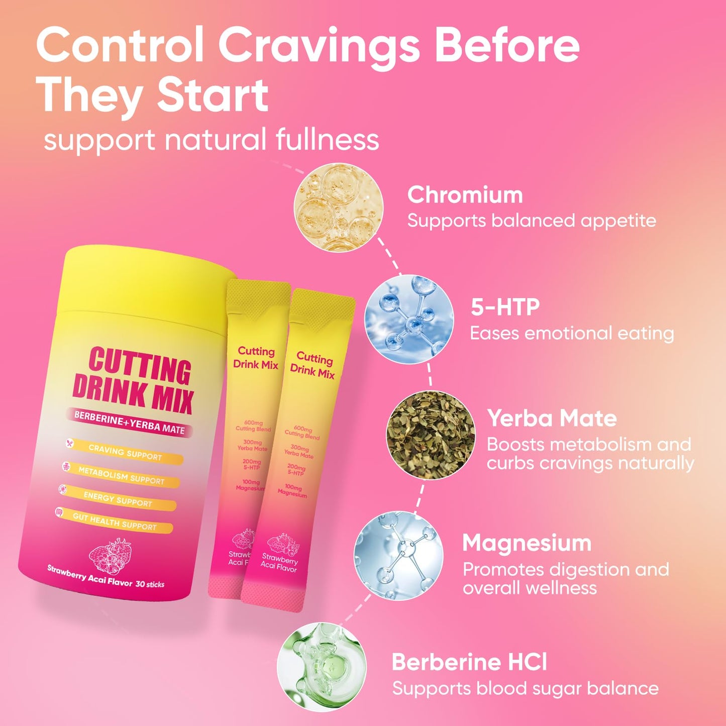 PlocoXe Cutting Drink Mix with Berberine, Chromium, 5-HTP, Yerba Mate & Magnesium - Dual-Action Craving & Gut Health | Strawberry Acai Flavor,Vegan, - dailyvitalstore