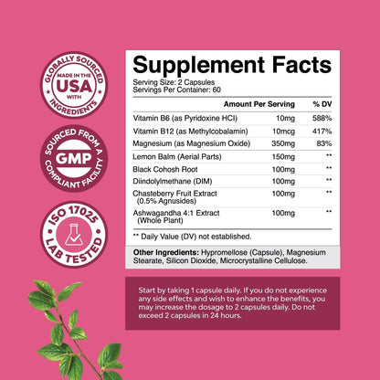 PMS Support Supplement for Women – Hormone Balance for Women & Menstrual Discomfort with DIM, Chasteberry, Black Cohosh & Ashwagandha - for Period Cramps Ease, Menopause Bloating, Mood Swing – 120 Ct - dailyvitalstore