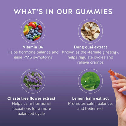 PMS Support Supplement for Women. Menstrual Relief Gummies to Target Hormonal Breakouts, Bloating, Period Cramps, & Mood Swings. Vegan, with Vitamin B6 & Lemon Balm, 60 Gummies - dailyvitalstore