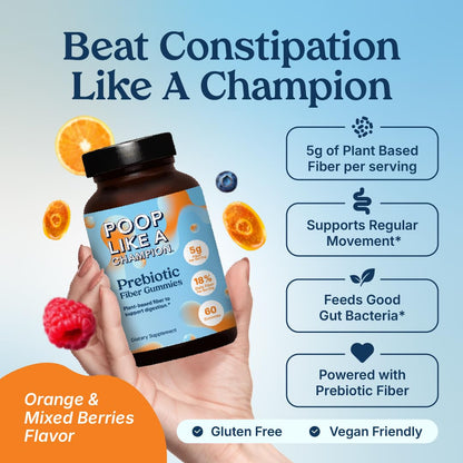 Poop Like a Champion Fiber Gummies – 5g Fiber per Serving, Non-GMO, Vegan, Digestive Support, 60 Pieces per Bottle - dailyvitalstore