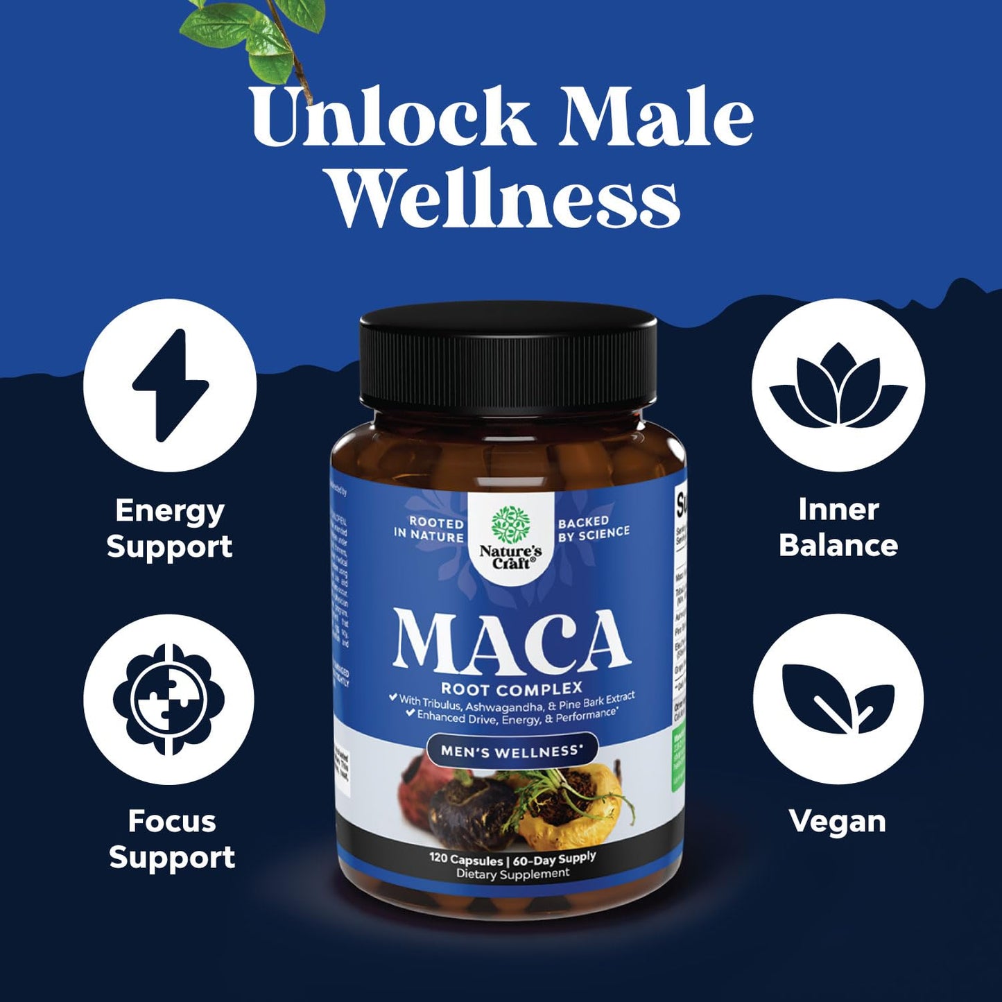 Potent Black Maca Root Capsules for Men - Herbal Wellness Supplement with Siberian Ginseng Ashwagandha and Black Maca Root - Men’s Wellness Supplement to Support General Health - 120 Count - dailyvitalstore