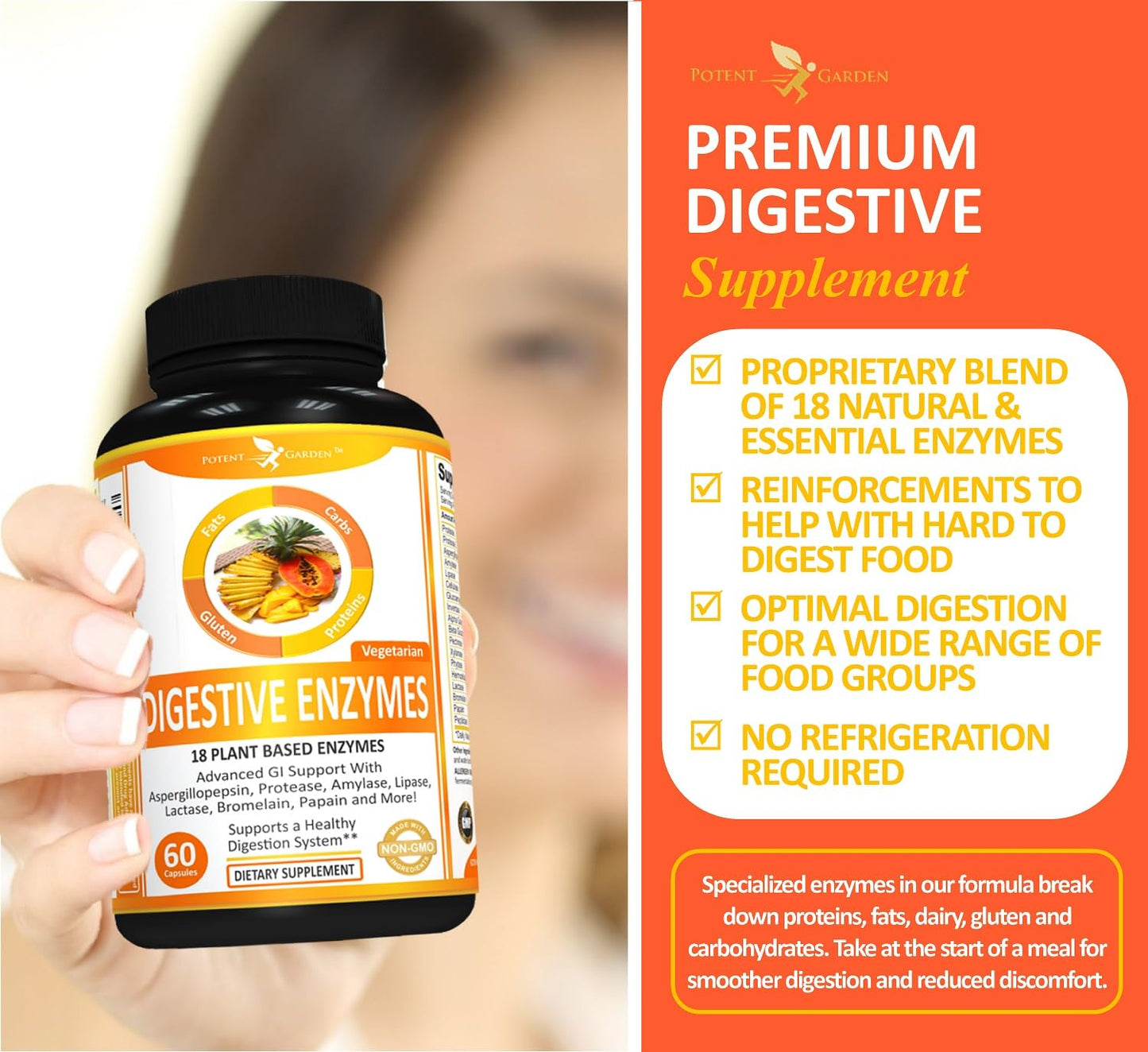 Potent Garden Digestive Enzymes -18 Plant Based Enzymes with amylase lipase bromelain Protease lactase & Other Enzymes - One Pre Meal Pill Supports Healthy - dailyvitalstore