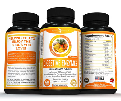Potent Garden Digestive Enzymes -18 Plant Based Enzymes with amylase lipase bromelain Protease lactase & Other Enzymes - One Pre Meal Pill Supports Healthy - dailyvitalstore