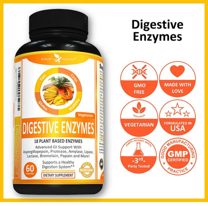 Potent Garden Digestive Enzymes -18 Plant Based Enzymes with amylase lipase bromelain Protease lactase & Other Enzymes - One Pre Meal Pill Supports Healthy - dailyvitalstore