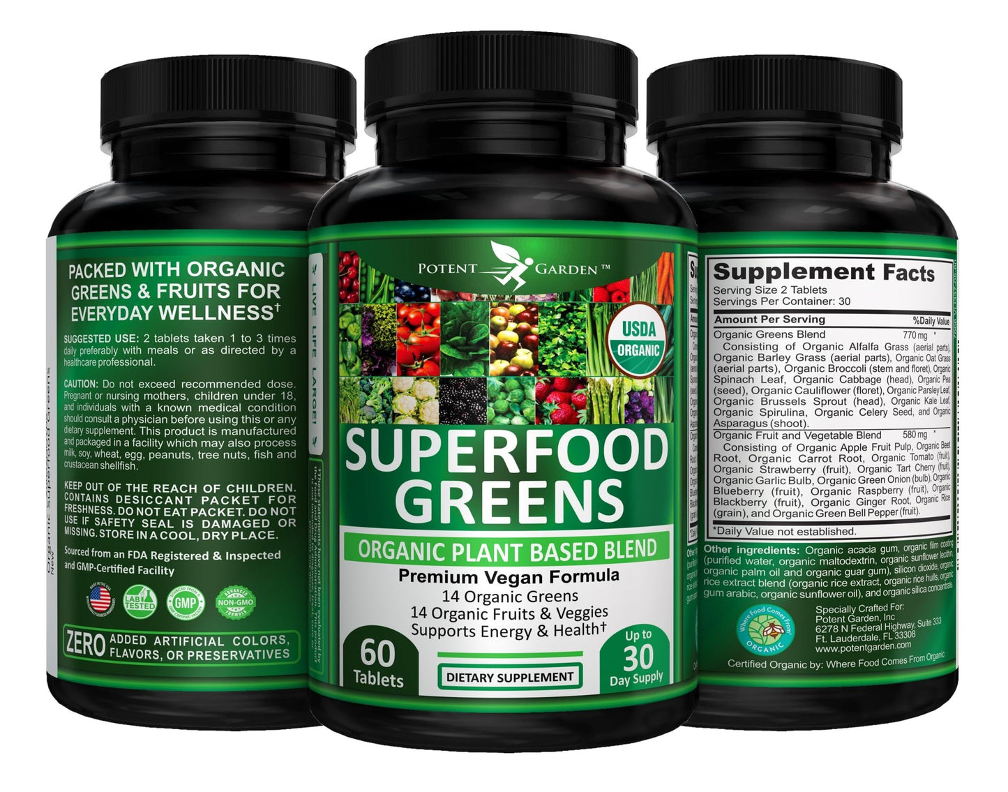 Potent Garden Organic Superfood Greens, Fruit and Veggies Supplement Rich in Vitamins & Antioxidants with Alfalfa, Beet Root & Tart Cherry to Boost Energy, Immunity & Gut Health, Greens Tablets 60 Ct - dailyvitalstore
