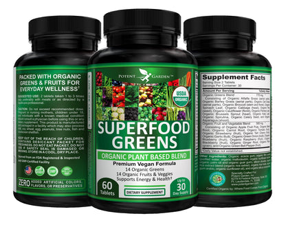 Potent Garden Organic Superfood Greens, Fruit and Veggies Supplement Rich in Vitamins & Antioxidants with Alfalfa, Beet Root & Tart Cherry to Boost Energy, Immunity & Gut Health, Greens Tablets 60 Ct - dailyvitalstore