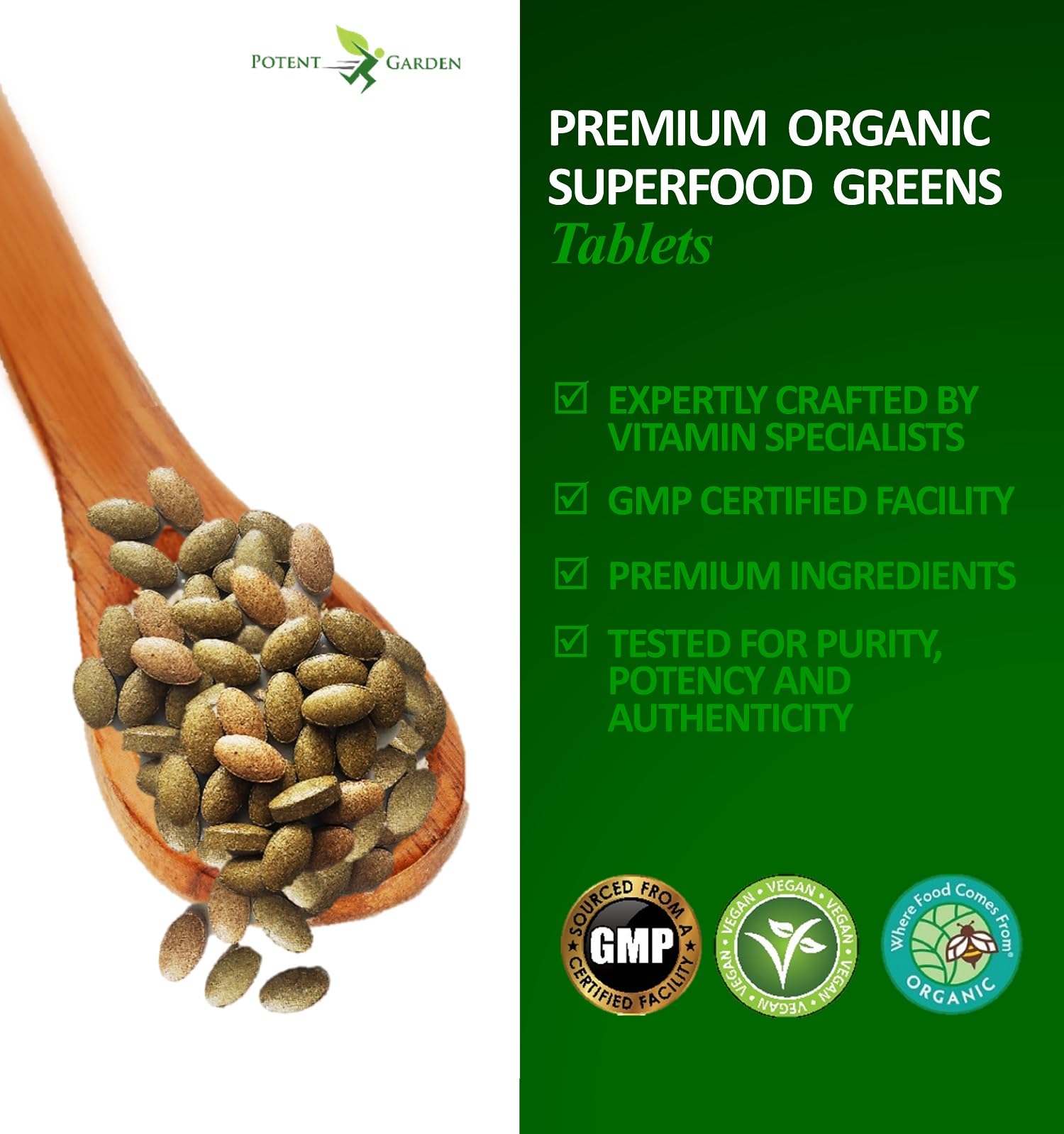 Potent Garden Organic Superfood Greens, Fruit and Veggies Supplement Rich in Vitamins & Antioxidants with Alfalfa, Beet Root & Tart Cherry to Boost Energy, Immunity & Gut Health, Greens Tablets 60 Ct - dailyvitalstore