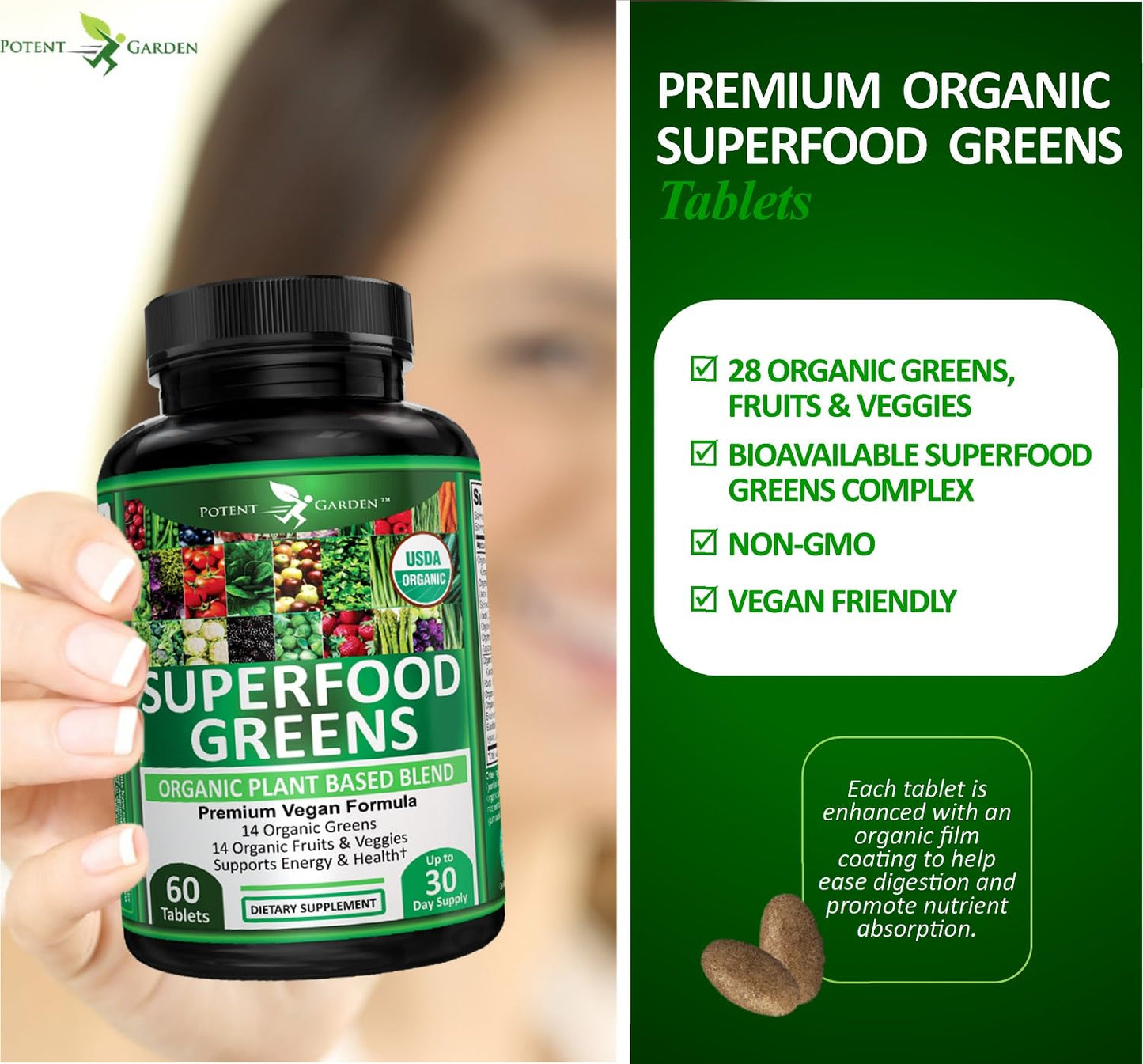 Potent Garden Organic Superfood Greens, Fruit and Veggies Supplement Rich in Vitamins & Antioxidants with Alfalfa, Beet Root & Tart Cherry to Boost Energy, Immunity & Gut Health, Greens Tablets 60 Ct - dailyvitalstore