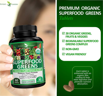 Potent Garden Organic Superfood Greens, Fruit and Veggies Supplement Rich in Vitamins & Antioxidants with Alfalfa, Beet Root & Tart Cherry to Boost Energy, Immunity & Gut Health, Greens Tablets 60 Ct - dailyvitalstore