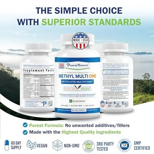 Power By Naturals Methyl Multi One - Iron-Free Methylated Multivitamin with Quatrefolic 5-MTHF, Active B12, P5P, CoQ10 & Zinc for MTHFR Support - dailyvitalstore