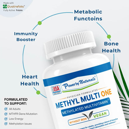 Power By Naturals Methyl Multi One - Iron-Free Methylated Multivitamin with Quatrefolic 5-MTHF, Active B12, P5P, CoQ10 & Zinc for MTHFR Support - dailyvitalstore