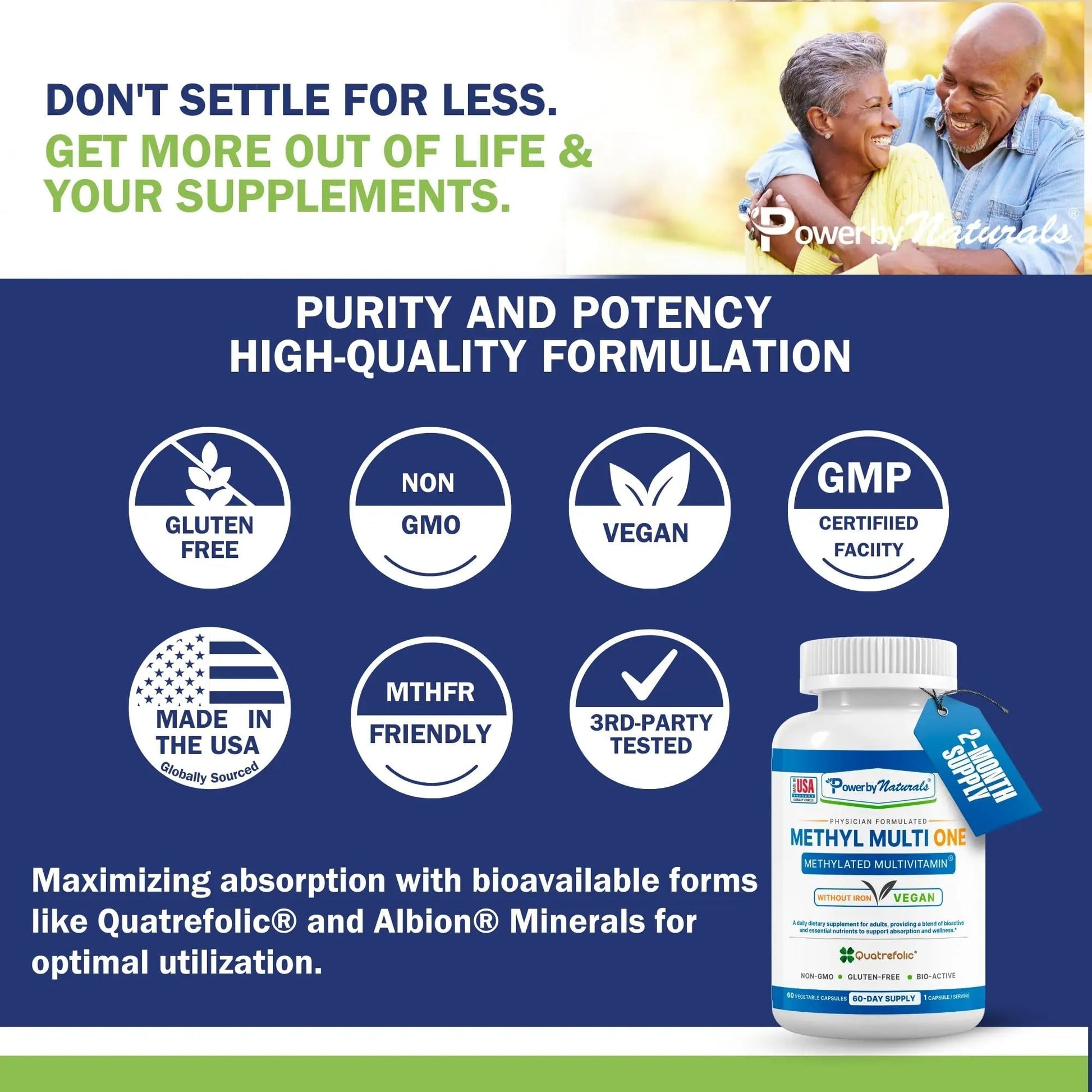 Power By Naturals Methyl Multi One - Iron-Free Methylated Multivitamin with Quatrefolic 5-MTHF, Active B12, P5P, CoQ10 & Zinc for MTHFR Support - dailyvitalstore