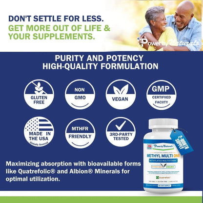 Power By Naturals Methyl Multi One - Iron-Free Methylated Multivitamin with Quatrefolic 5-MTHF, Active B12, P5P, CoQ10 & Zinc for MTHFR Support - dailyvitalstore