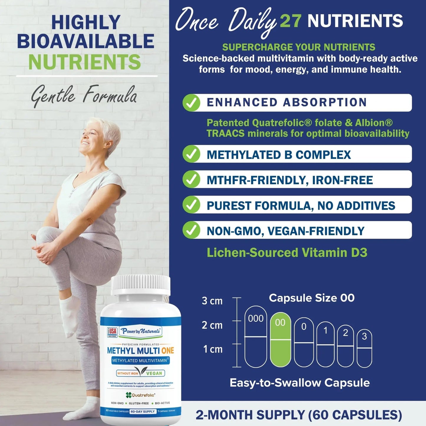 Power By Naturals Methyl Multi One - Iron-Free Methylated Multivitamin with Quatrefolic 5-MTHF, Active B12, P5P, CoQ10 & Zinc for MTHFR Support - dailyvitalstore