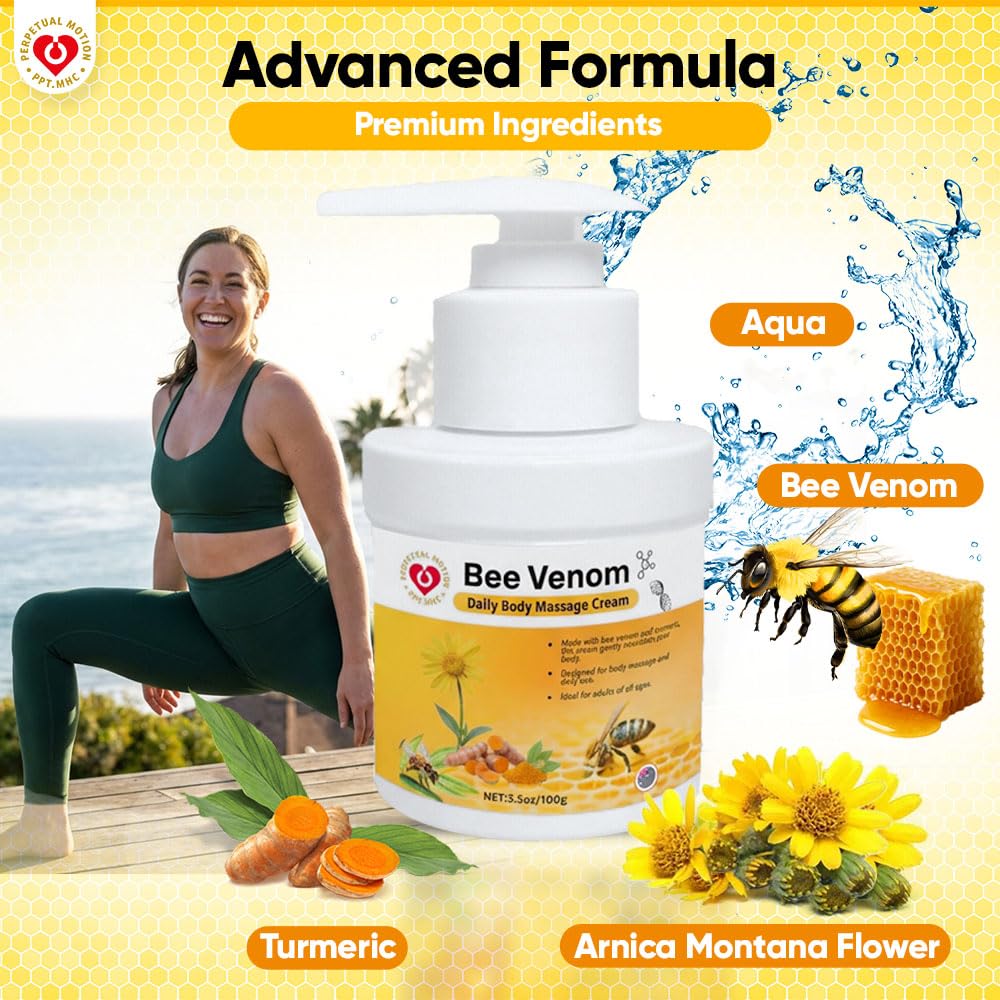 PPT.MHC Bee Venom Massage Cream with Pump - Soothing Muscle Rub with Turmeric, Arnica & MSM - Premium Bee Venom Lotion for Back, Legs & Feet - Everyday Non-Greasy 3.5oz Cream - dailyvitalstore