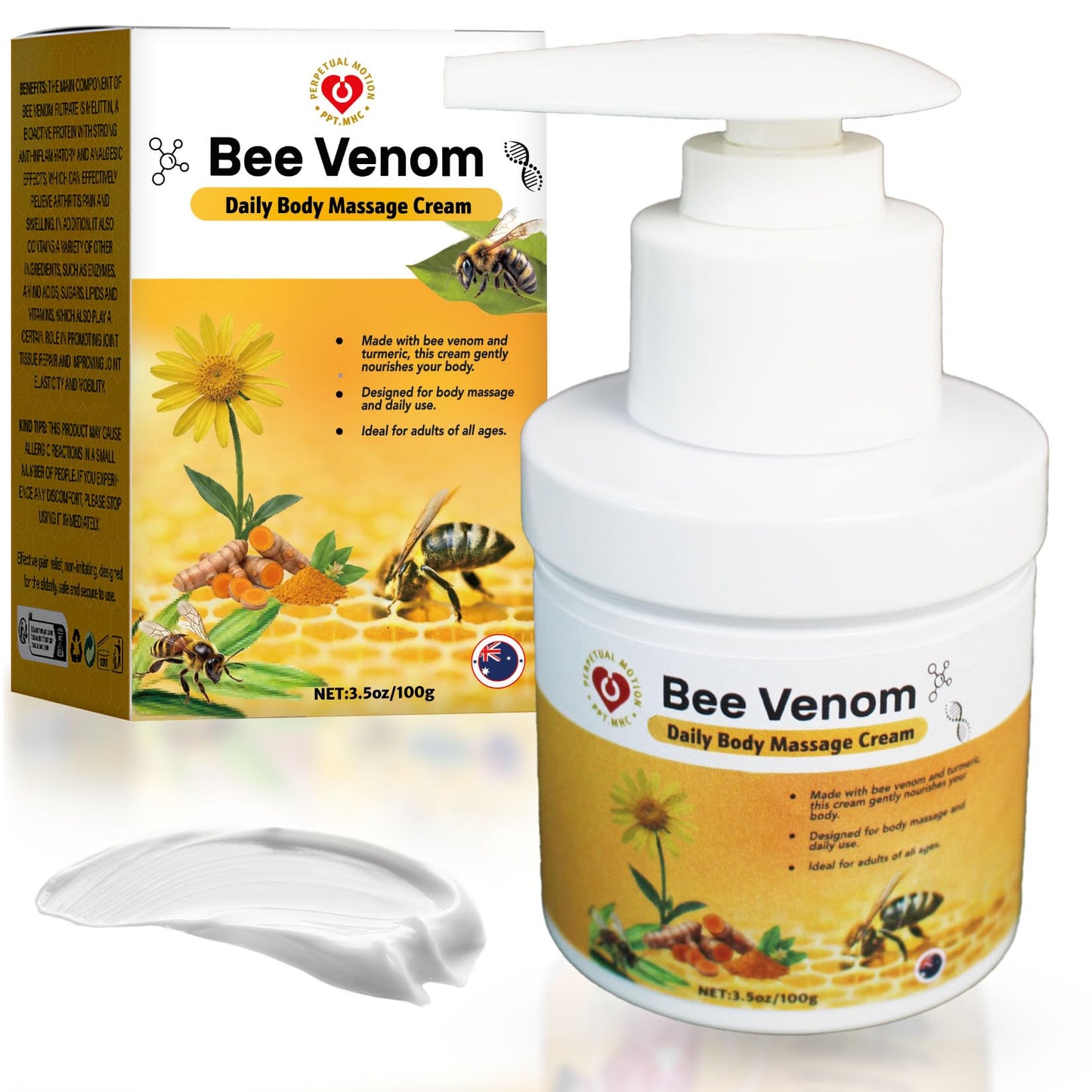 PPT.MHC Bee Venom Massage Cream with Pump - Soothing Muscle Rub with Turmeric, Arnica & MSM - Premium Bee Venom Lotion for Back, Legs & Feet - Everyday Non-Greasy 3.5oz Cream - dailyvitalstore