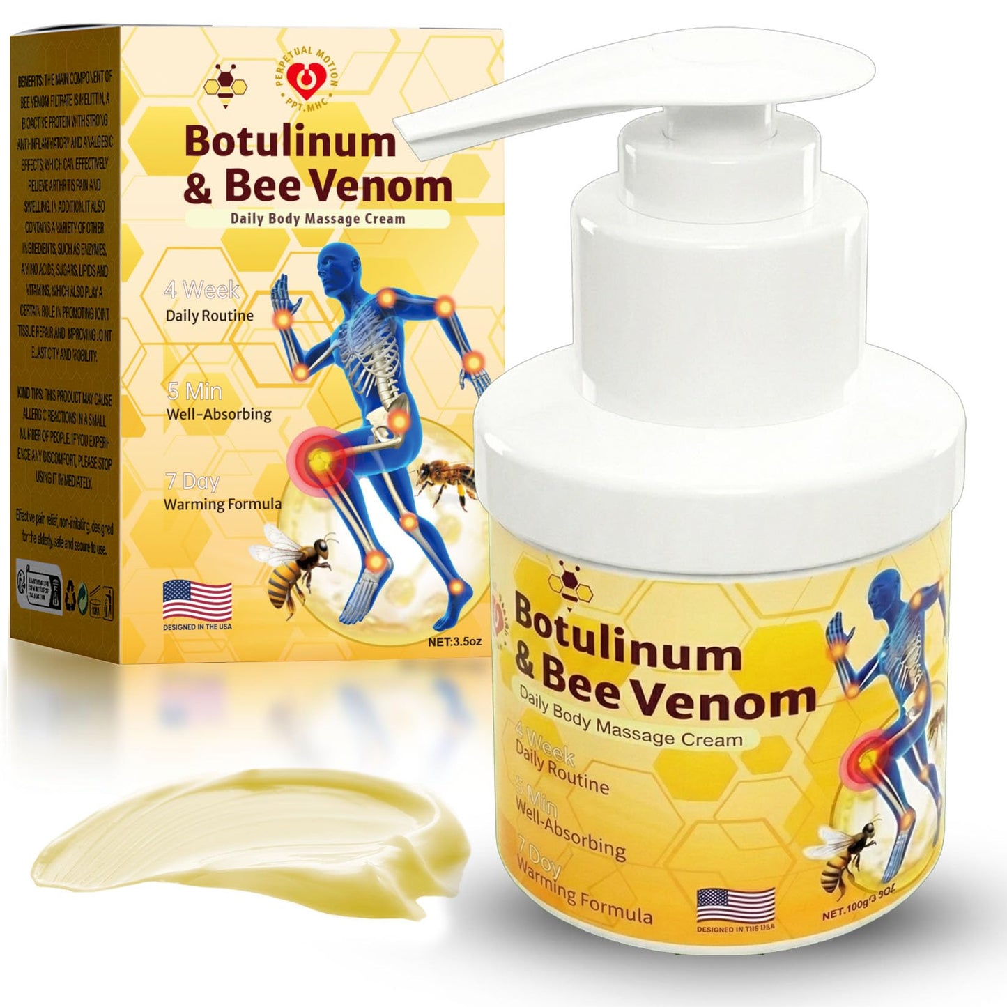 PPT.MHC Bee Venom Warming Cream with Pump - Massage Body Rub with Ginger, Peppermint & Black Pepper - Premium Bee Venom Lotion for Back, Legs & Feet - Everyday Non-Greasy 3.5oz Cream - dailyvitalstore