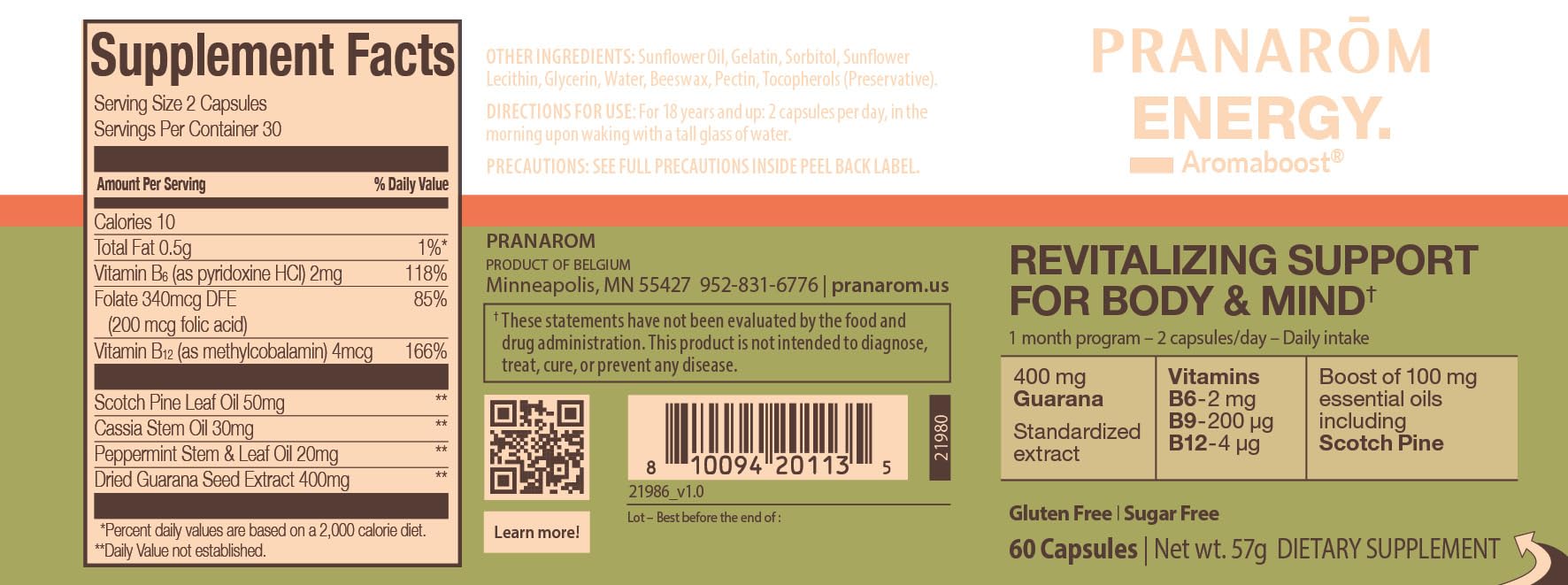 Pranarom - Aromaboost Energy Herbal Supplement - for Physical and Mental Fatigue - Guarana - Vitamins B6 B9 B12 - Pure Scots Pine Essential Oil - 60 Count - dailyvitalstore