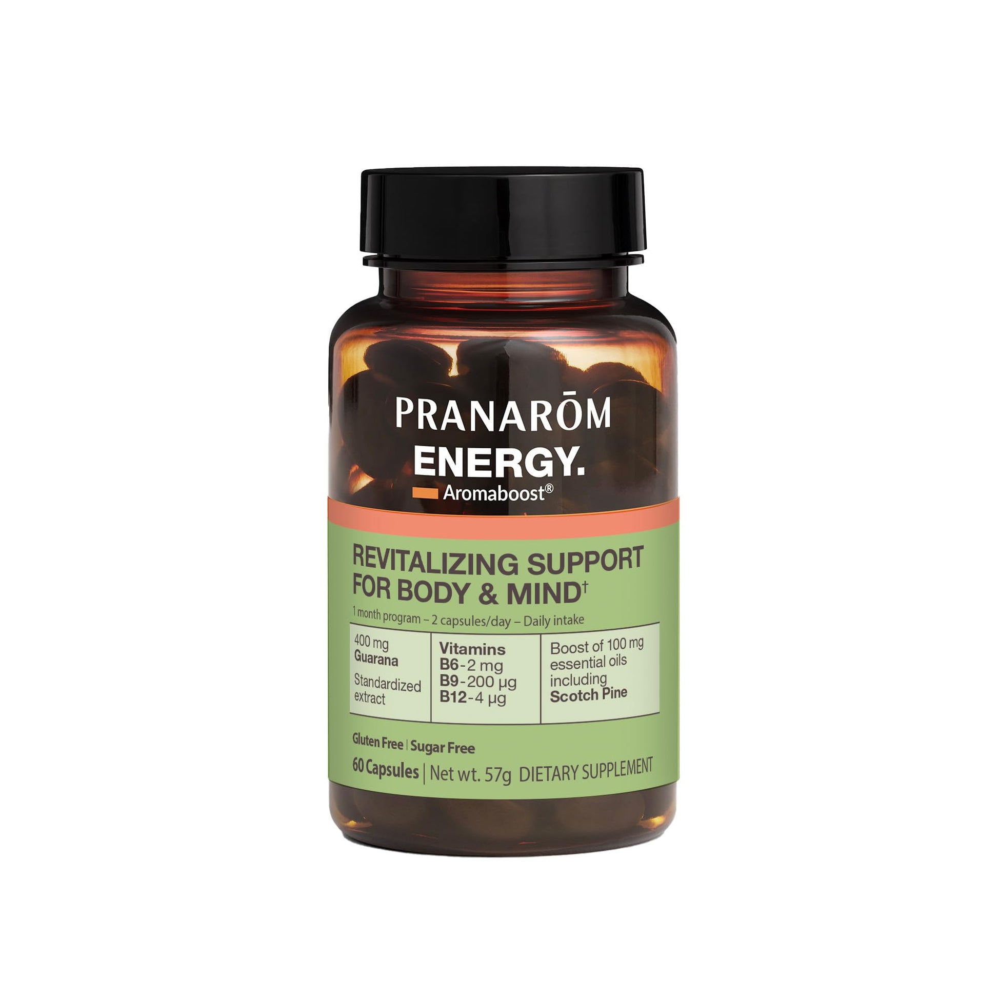 Pranarom - Aromaboost Energy Herbal Supplement - for Physical and Mental Fatigue - Guarana - Vitamins B6 B9 B12 - Pure Scots Pine Essential Oil - 60 Count - dailyvitalstore