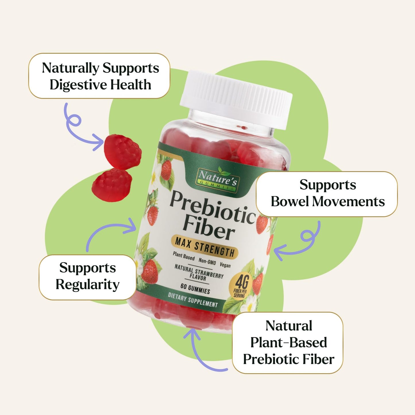 Prebiotic Fiber Gummies - 4g Dietary Fiber Per Serving - Extra Strength Daily Supplement for Adults - Tasty Strawberry Flavor - Plant Based Digestive - dailyvitalstore