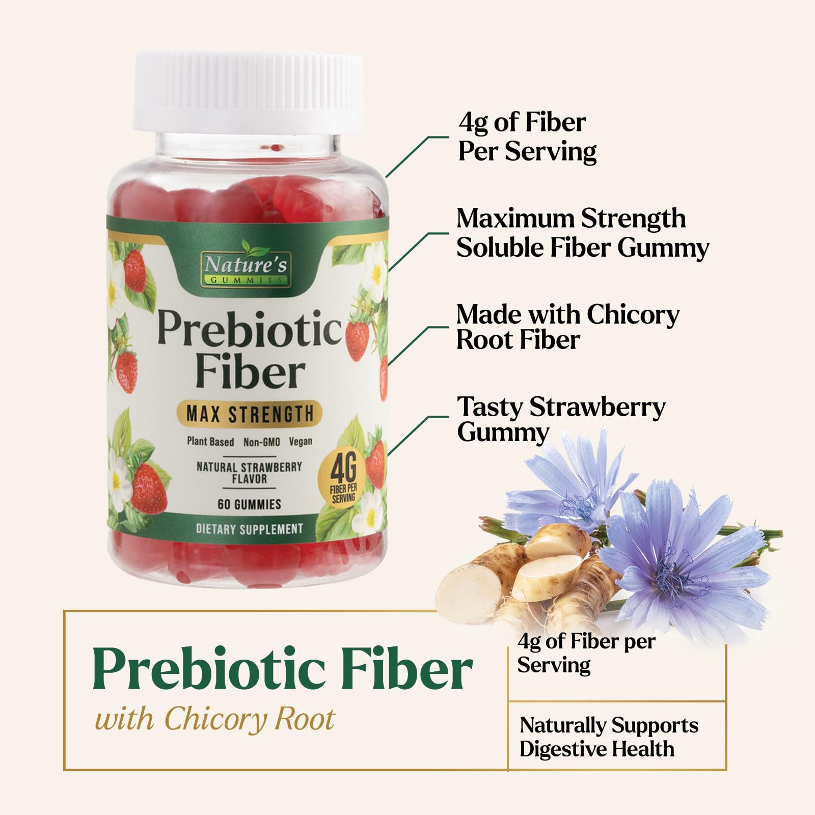 Prebiotic Fiber Gummies - 4g Dietary Fiber Per Serving - Extra Strength Daily Supplement for Adults - Tasty Strawberry Flavor - Plant Based Digestive - dailyvitalstore