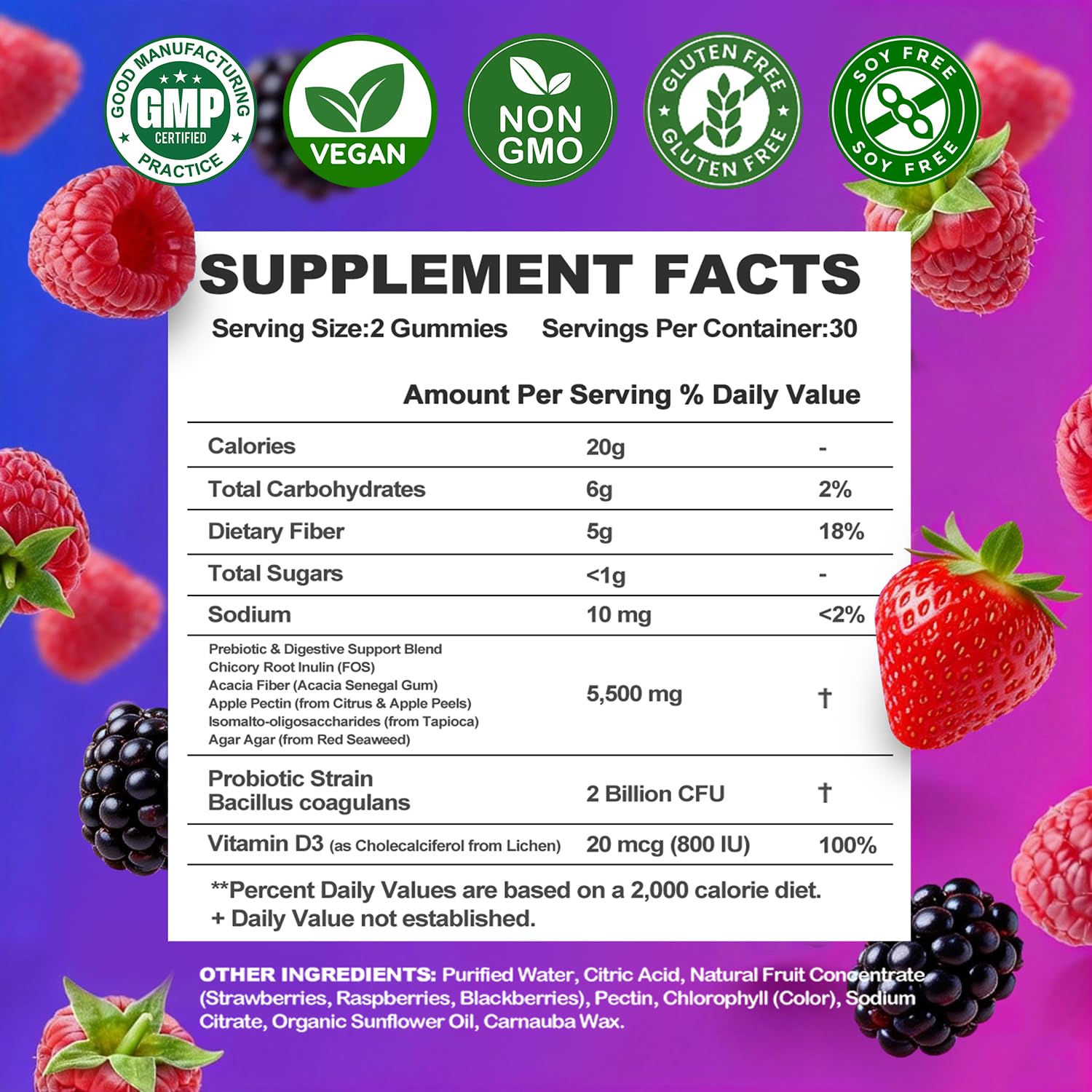 Prebiotic Fiber Gummies, 5g Fiber per Serving, 2 Billion CFU Bacillus Coagulans + Vitamin D3, Sugar Free Pectin Mixed Berry Gummies, Inulin (FOS) + Acacia - dailyvitalstore
