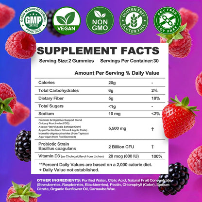 Prebiotic Fiber Gummies, 5g Fiber per Serving, 2 Billion CFU Bacillus Coagulans + Vitamin D3, Sugar Free Pectin Mixed Berry Gummies, Inulin (FOS) + Acacia - dailyvitalstore