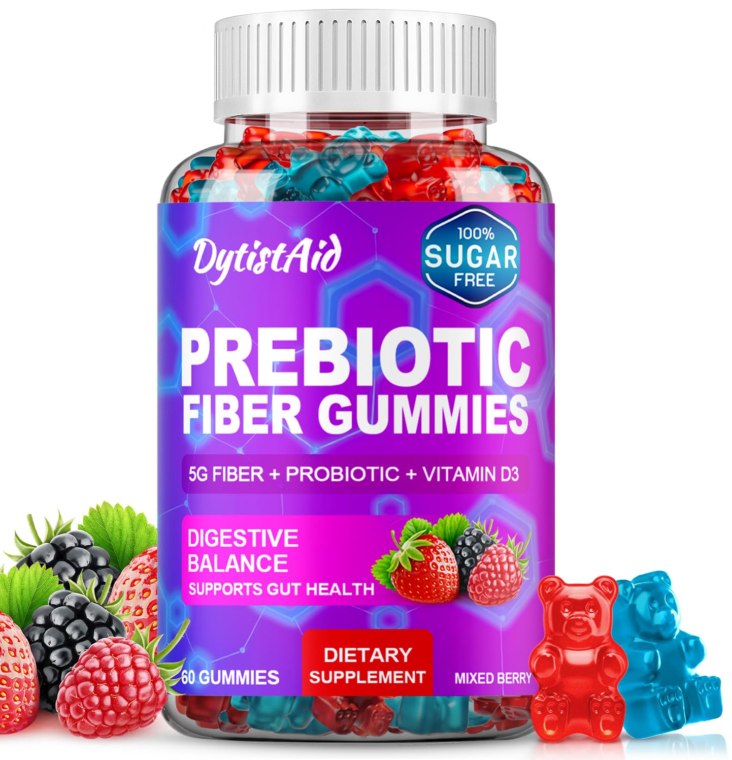 Prebiotic Fiber Gummies, 5g Fiber per Serving, 2 Billion CFU Bacillus Coagulans + Vitamin D3, Sugar Free Pectin Mixed Berry Gummies, Inulin (FOS) + Acacia - dailyvitalstore