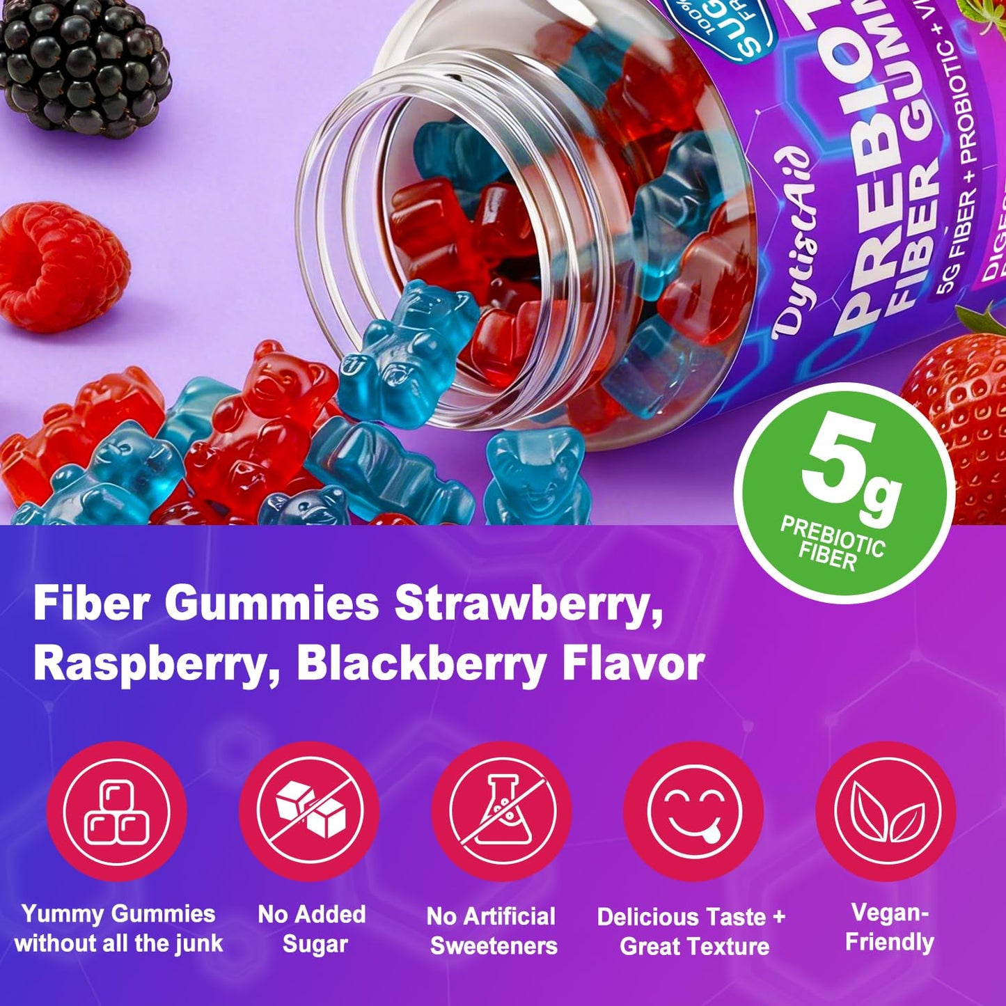 Prebiotic Fiber Gummies, 5g Fiber per Serving, 2 Billion CFU Bacillus Coagulans + Vitamin D3, Sugar Free Pectin Mixed Berry Gummies, Inulin (FOS) + Acacia - dailyvitalstore