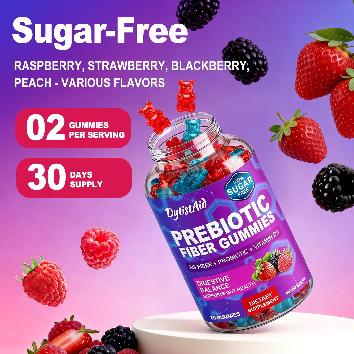 Prebiotic Fiber Gummies, 5g Fiber per Serving, 2 Billion CFU Bacillus Coagulans + Vitamin D3, Sugar Free Pectin Mixed Berry Gummies, Inulin (FOS) + Acacia - dailyvitalstore