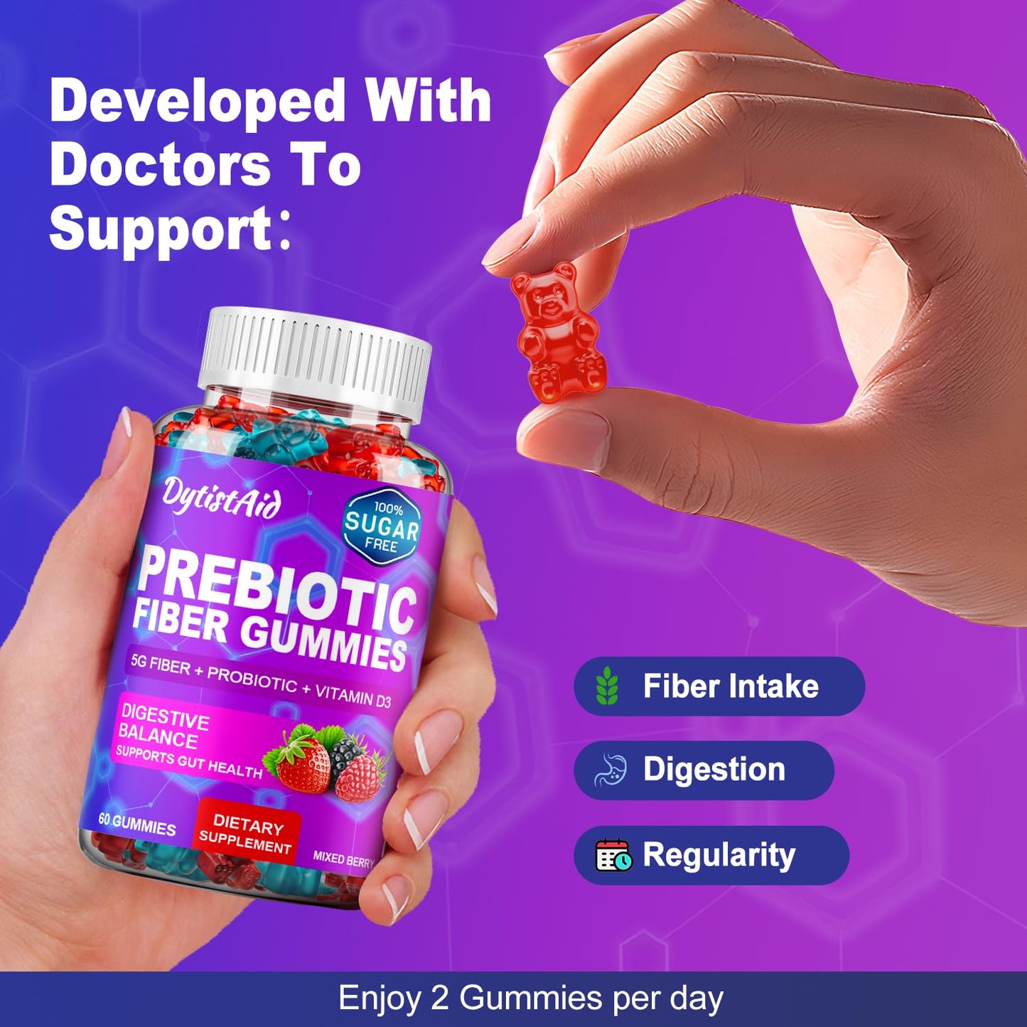 Prebiotic Fiber Gummies, 5g Fiber per Serving, 2 Billion CFU Bacillus Coagulans + Vitamin D3, Sugar Free Pectin Mixed Berry Gummies, Inulin (FOS) + Acacia - dailyvitalstore
