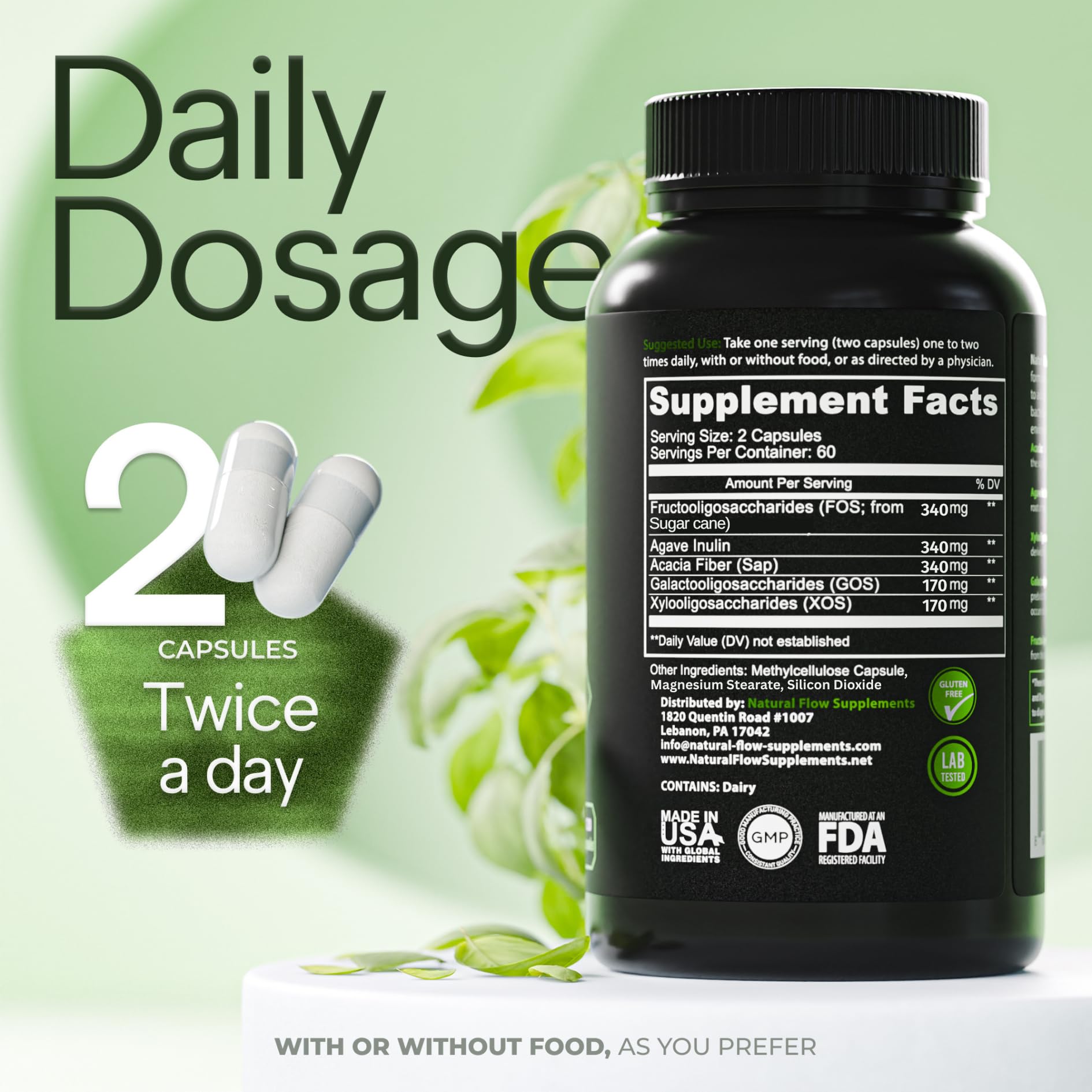 Prebiotic Fiber Supplement 5-in-1 Capsules - Natural Flow 5X Fiber XOS, GOS, FOS, Acacia and Agave Inulin, Daily Soluble Fiber Formula for Gut Support - dailyvitalstore