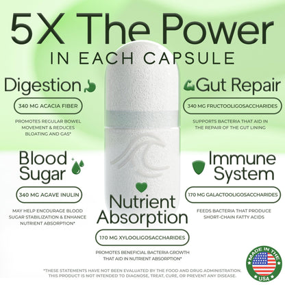 Prebiotic Fiber Supplement 5-in-1 Capsules - Natural Flow 5X Fiber XOS, GOS, FOS, Acacia and Agave Inulin, Daily Soluble Fiber Formula for Gut Support - dailyvitalstore