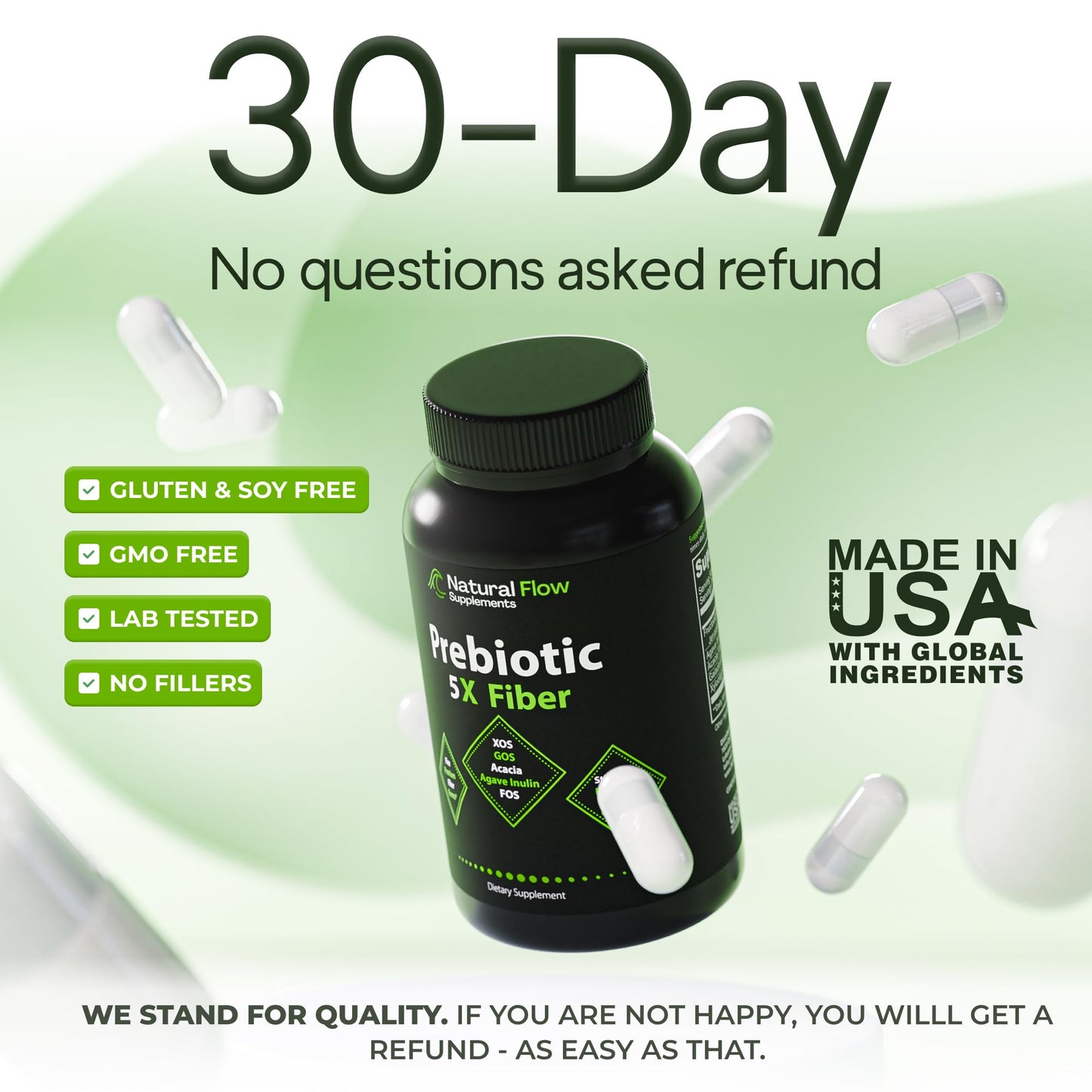 Prebiotic Fiber Supplement 5-in-1 Capsules - Natural Flow 5X Fiber XOS, GOS, FOS, Acacia and Agave Inulin, Daily Soluble Fiber Formula for Gut Support - dailyvitalstore