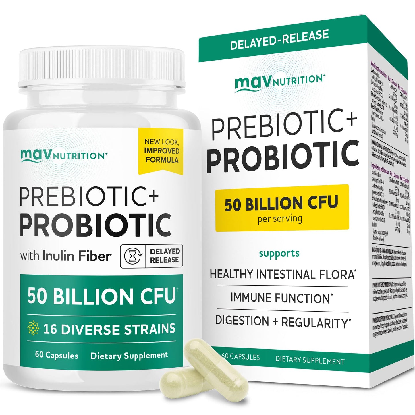 Prebiotics and Probiotics | 50 Billion CFU, 16 Probiotic Strains & Inulin Prebiotic Fiber | Delayed Release Capsules | Gut Health Support | Prebiotics and Probiotics for Women & Men | Non-GMO | 60 Ct - dailyvitalstore
