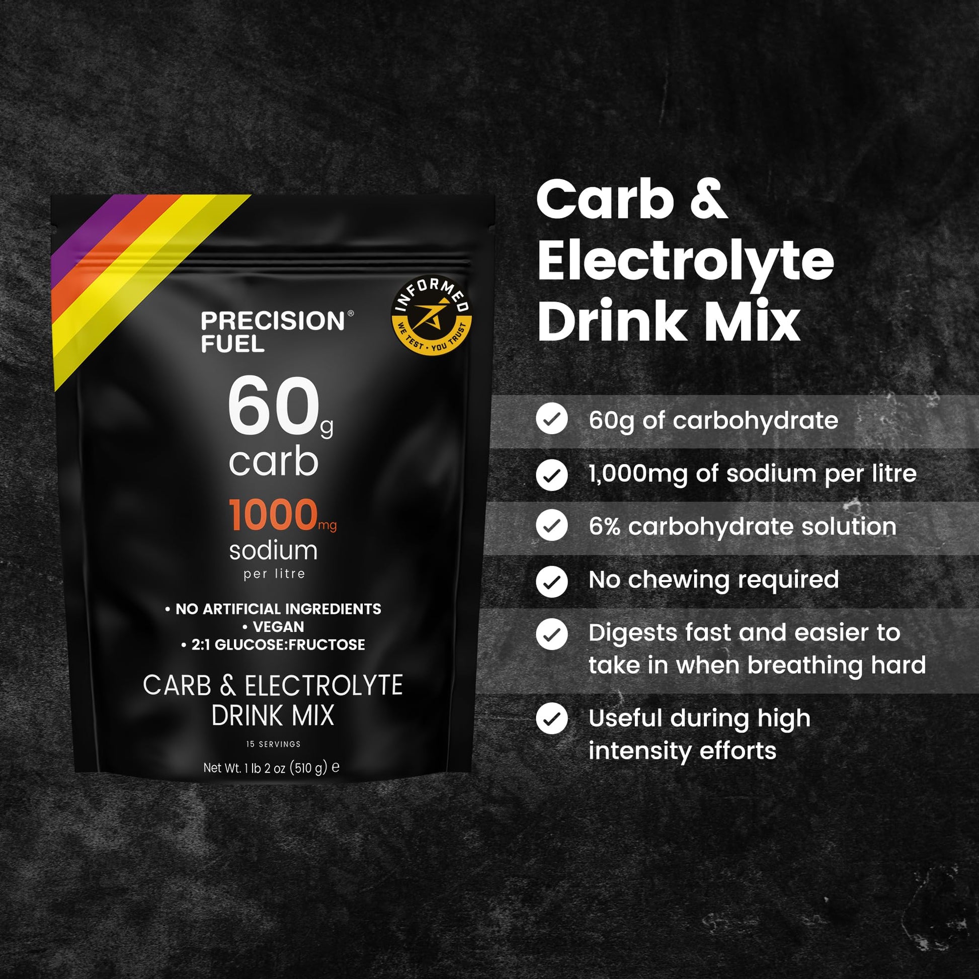 Precision Fuel PF60 Carb & Electrolyte Drink Mix Powder for Hydration & Energy - Endurance Sports Nutrition, Vegan, Hypotonic - 60g Carb, 1000mg Sodium per Litre - Mild Citrus Flavor, 1-Pack - dailyvitalstore