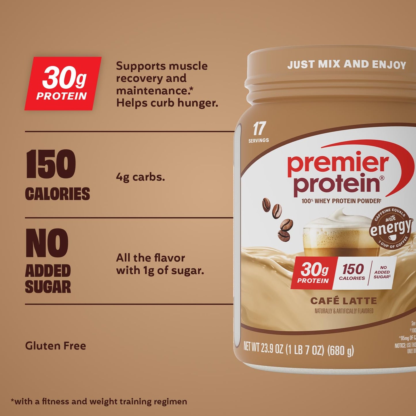 Premier Protein Powder, Café Latte, 30g Protein, 95mg Caffeine for Energy, No Added Sugar, 100% Whey Protein, Keto Friendly - dailyvitalstore