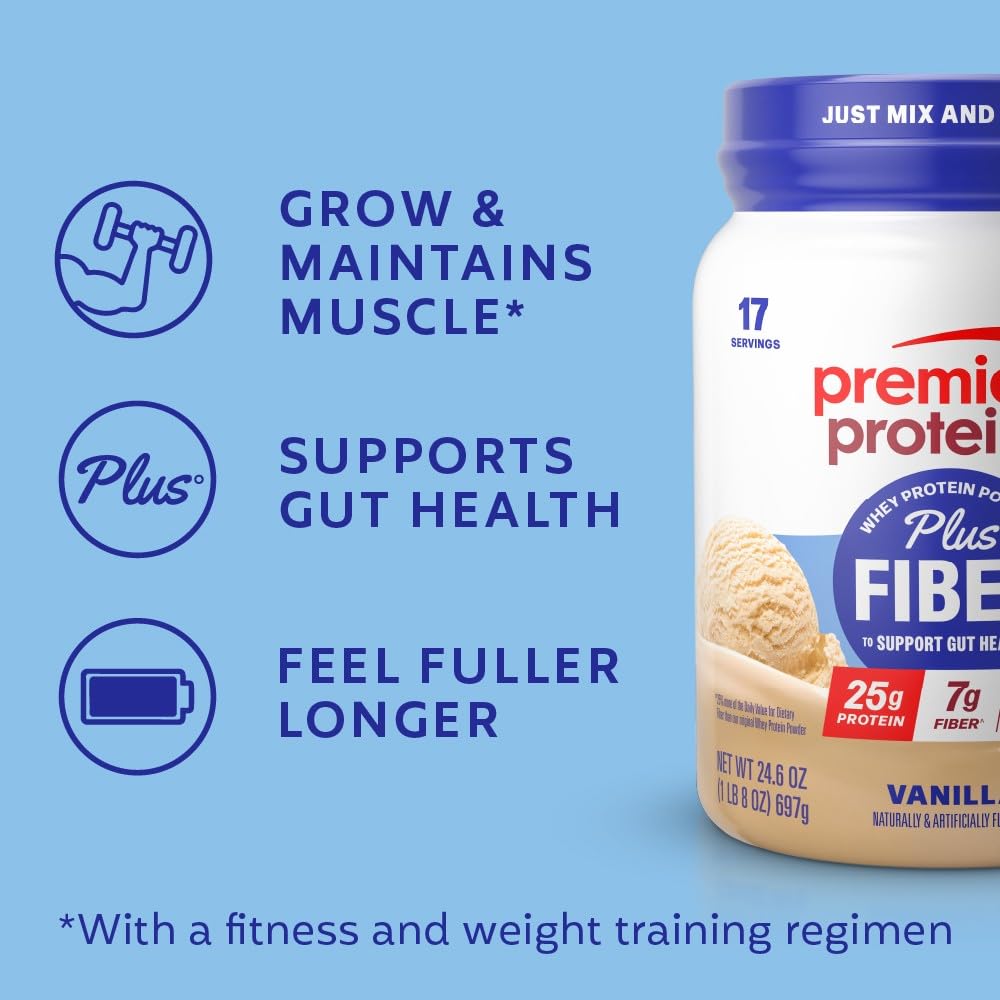 Premier Protein Powder Plus Fiber, Vanilla, 25g Protein, 7g Fiber to Support Gut Health, No Added Sugar (17 Servings) - dailyvitalstore