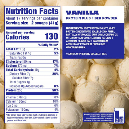 Premier Protein Powder Plus Fiber, Vanilla, 25g Protein, 7g Fiber to Support Gut Health, No Added Sugar (17 Servings) - dailyvitalstore