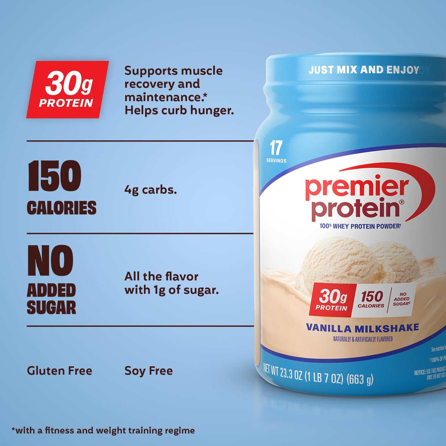 Premier Protein Powder, Vanilla Milkshake, 30g Protein, 1g Sugar, 100% Whey Protein, Keto Friendly, No Soy, Gluten Free, 23.3 oz (17 Servings) - dailyvitalstore